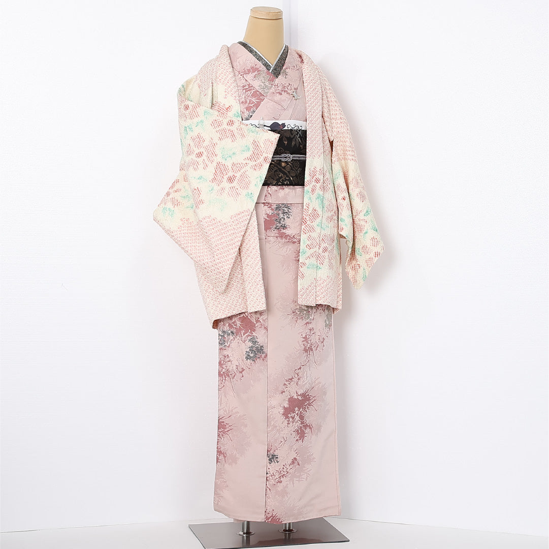 羽織 身丈80cm 裄丈65cm Sランク M ポリエステル 洗える着物 袷 フェミニン 絞り 花柄 総絞り カジュアル 白系 1217-12529
