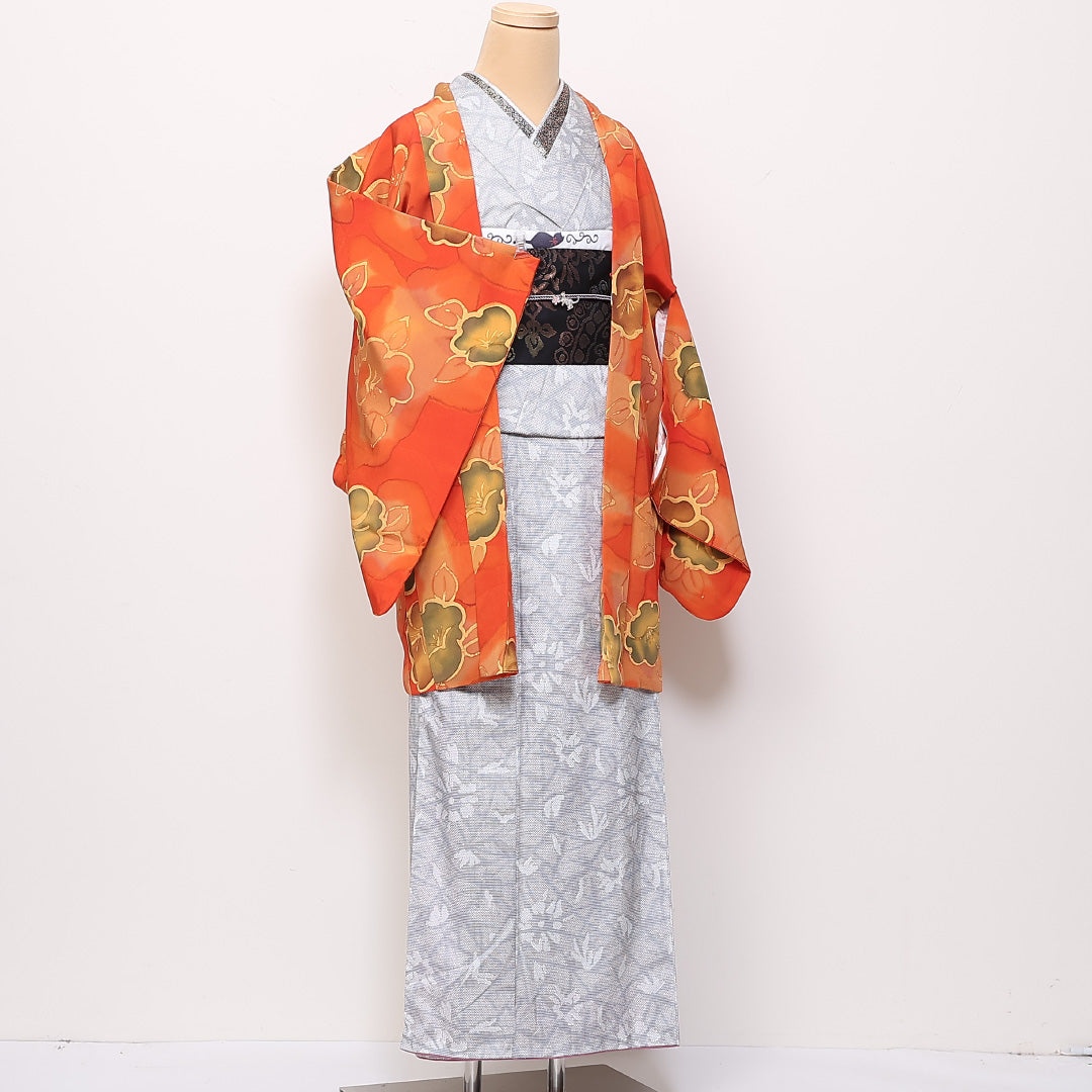 羽織 袷 身丈85cm 裄丈66cm 正絹 Sランク カジュアル Mサイズ ぼかし染 花柄 朱系 RP 1232-06147