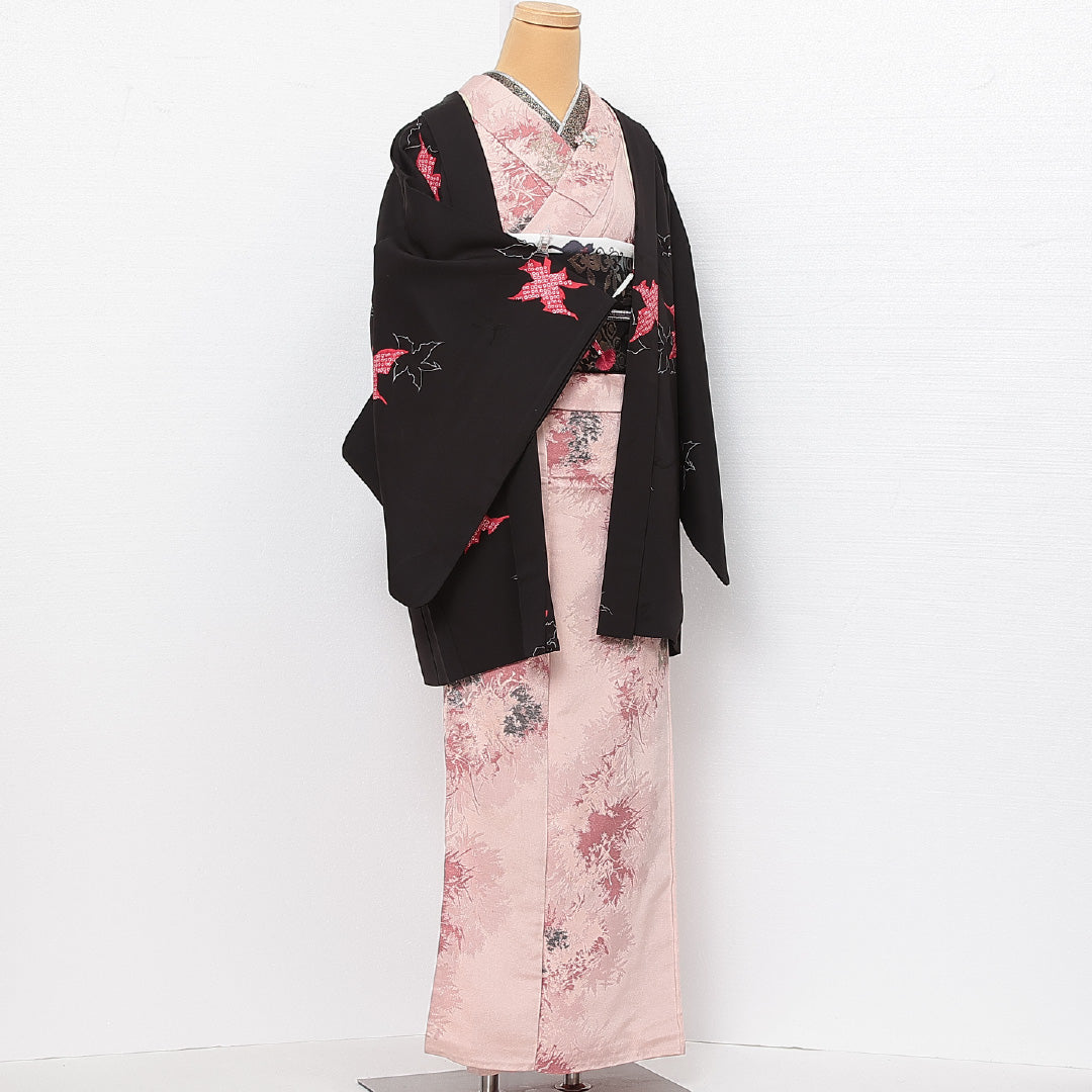 黒羽織 袷 身丈80cm 裄丈66cm 正絹 Sランク インフォーマル Mサイズ 紐あり 黒系 RP 1233-13913