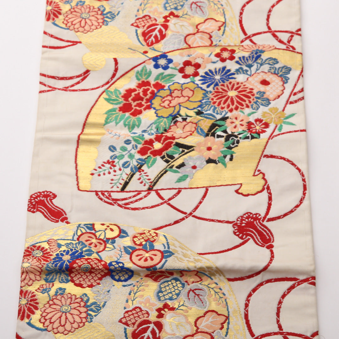 アンティーク 名古屋帯 六通 帯丈325cm Aランク 正絹 吉祥文様 扇 白系 1224-02378
