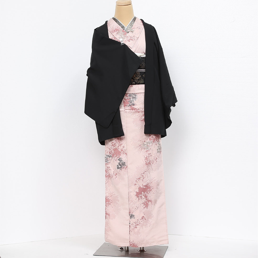 黒羽織 袷 身丈74cm 裄丈62cm 正絹 Sランク 一つ紋 (三つ帆の丸) セミフォーマル Sサイズ 紐あり 無地 黒系 RP 1233-13423
