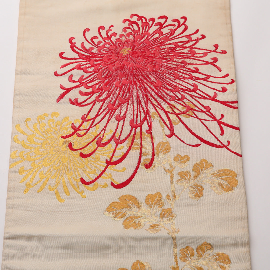アンティーク 名古屋帯 ポイント柄 帯丈333cm Cランク 正絹 織り出し 菊 クリーム系 1224-02323