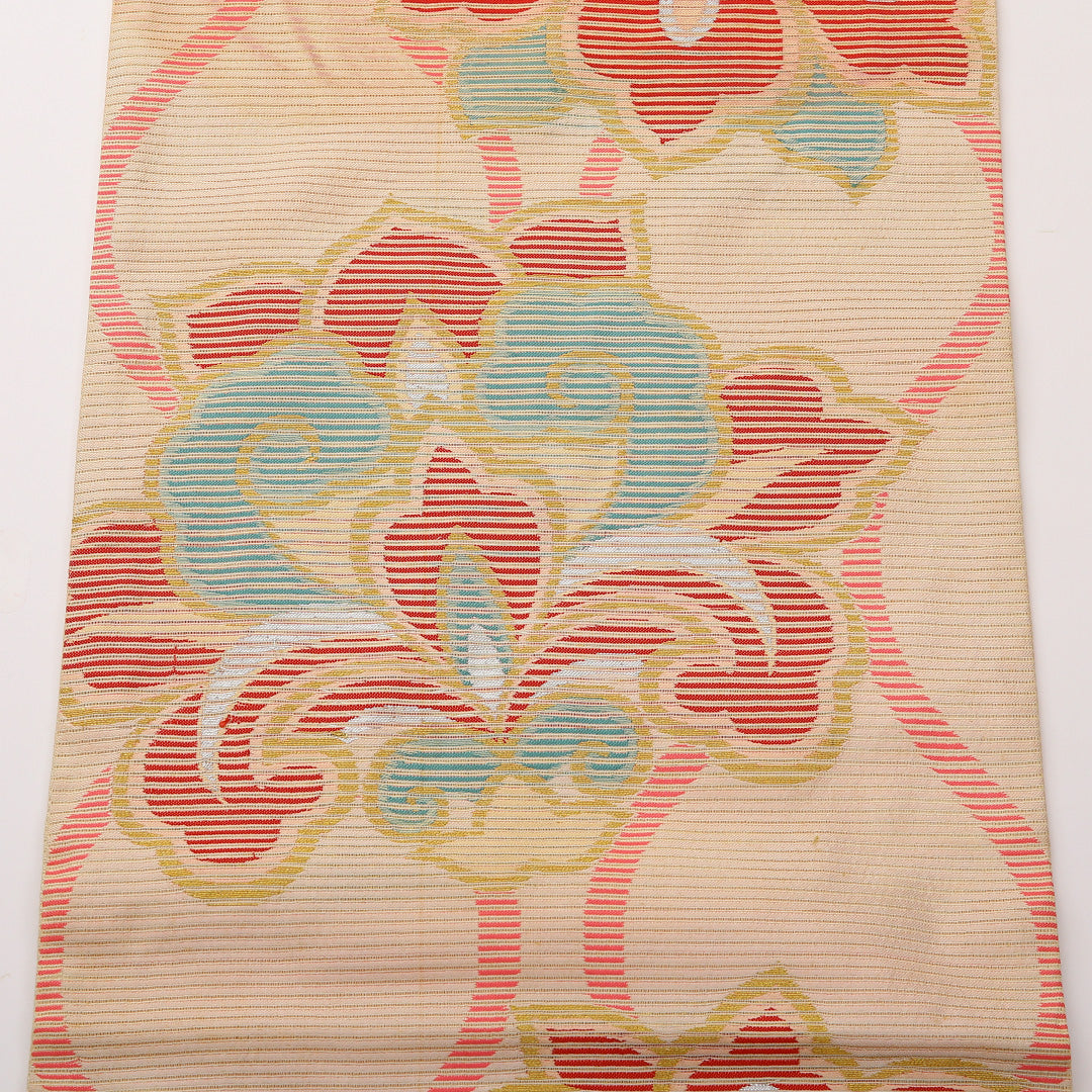 アンティーク 夏物 名古屋帯 六通 帯丈473cm Cランク 正絹 絽 宝相華 クリーム系 1224-02292