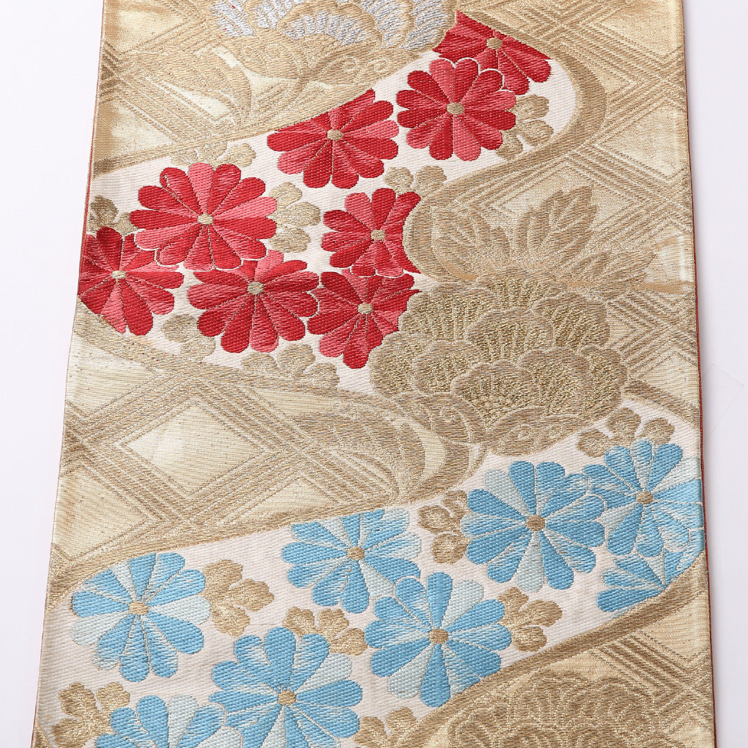 袋帯 帯丈396cm 正絹 六通 フォーマル 唐華 流水 菊 吉祥文様 金系 1243-01509