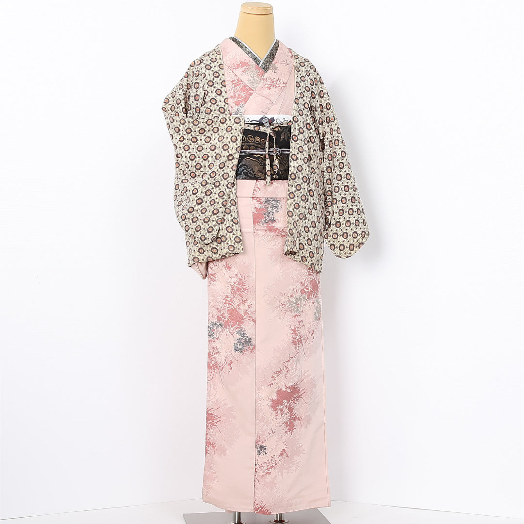 羽織 袷 身丈69cm 裄丈63cm 正絹 Aランク カジュアル Sサイズ 紐あり 幾何学柄 ベージュ系 HP 1232-12567