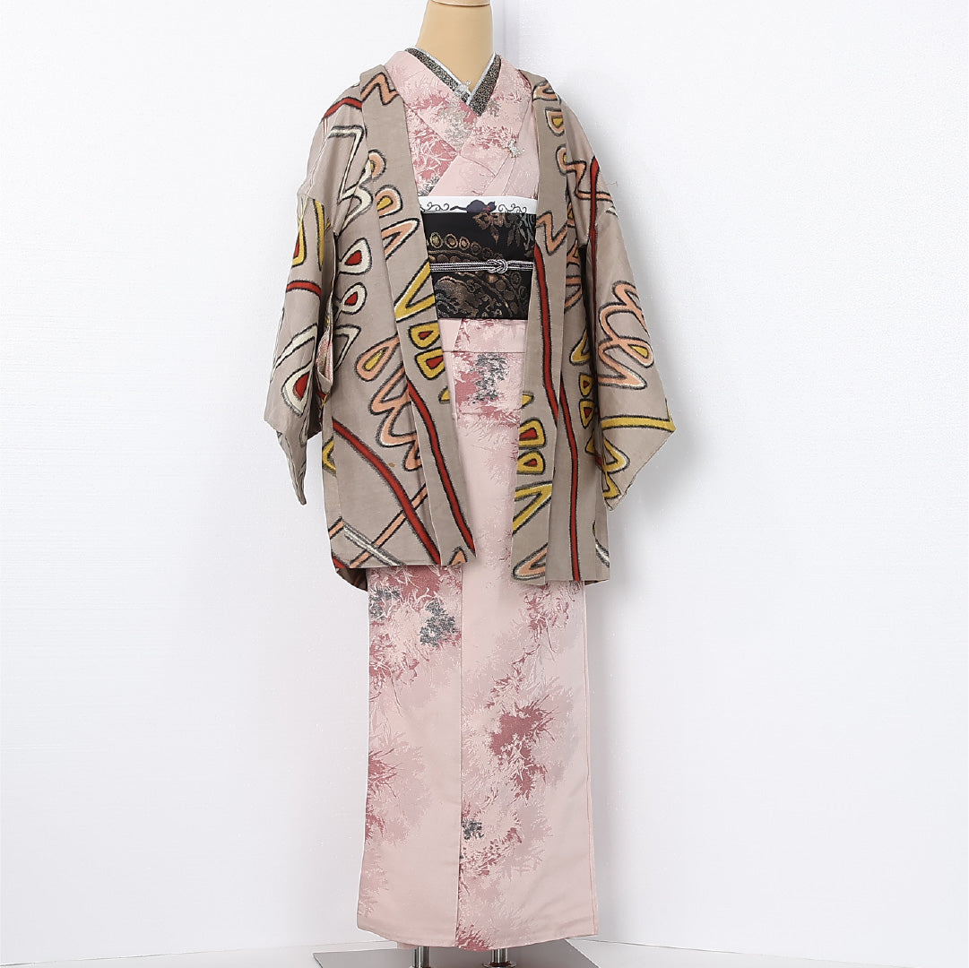 アンティーク 羽織 (銘仙) 袷 身丈83cm 裄丈64cm 正絹 Cランク Mサイズ 創作柄 グレー系 M4 1232-12540