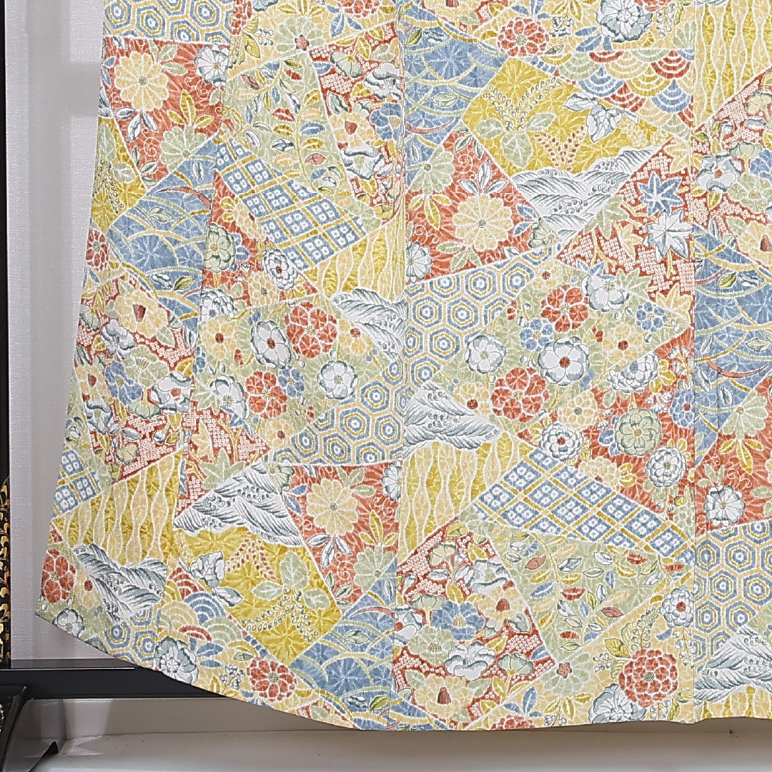 小紋 身丈157cm 裄丈64.5cm Sランク M 正絹 単衣 広衿 ちりめん 吉祥文様 カジュアル 黄系 1215-12305
