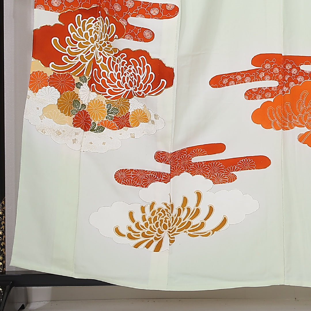 アンティーク 訪問着 身丈156cm 裄丈65cm Bランク M 正絹 単衣 広衿 金駒刺繍 エ霞 菊 緑系 1212-12323