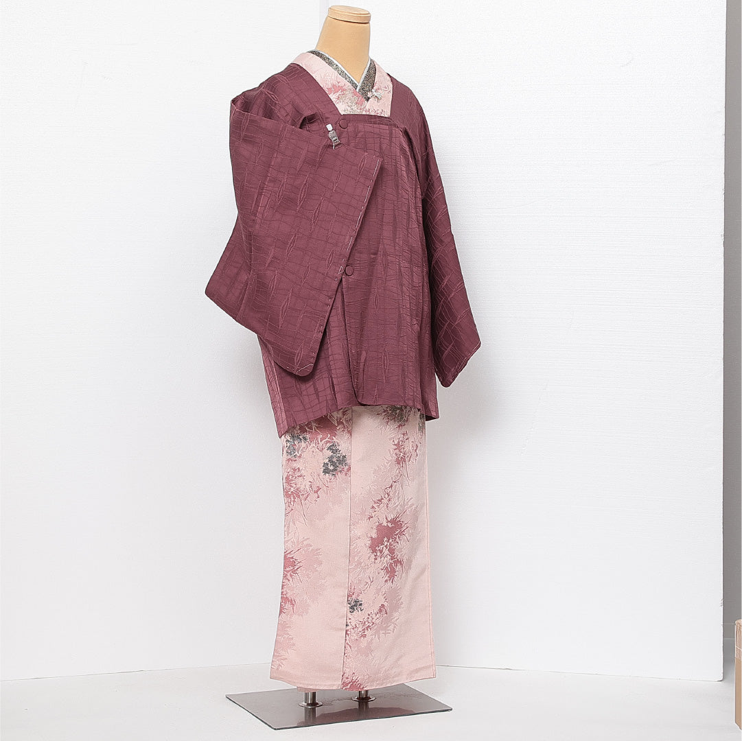 未使用品 道行コート 袷 身丈83cm 裄丈64cm 正絹 Nランク インフォーマル Mサイズ ふくれ織 ポケットあり しつけ糸 創作柄 紫系 RP 1237-13690