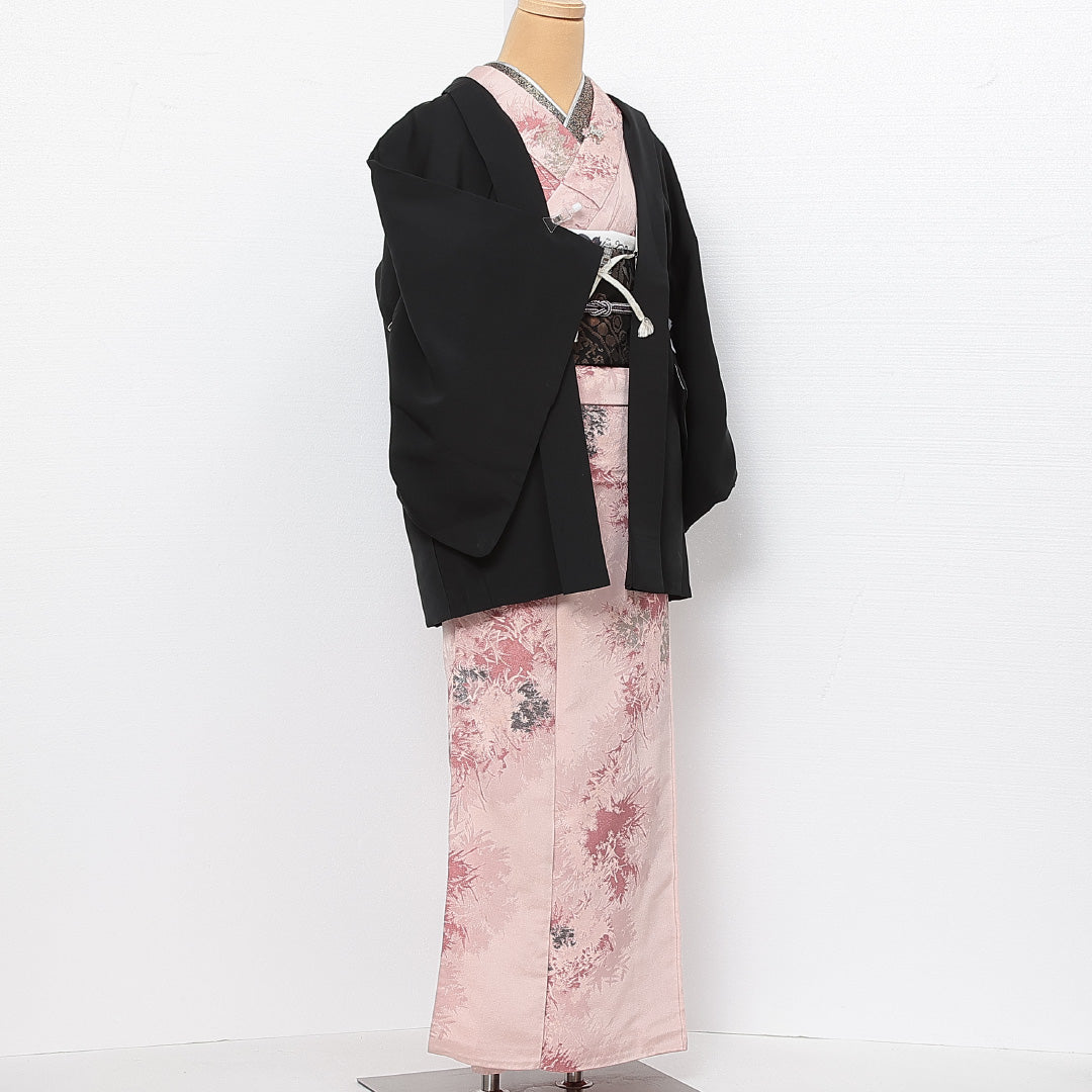 黒羽織 袷 身丈70cm 裄丈63cm 正絹 Aランク インフォーマル Sサイズ 紐あり 流水 松 黒系 RP 1233-13728