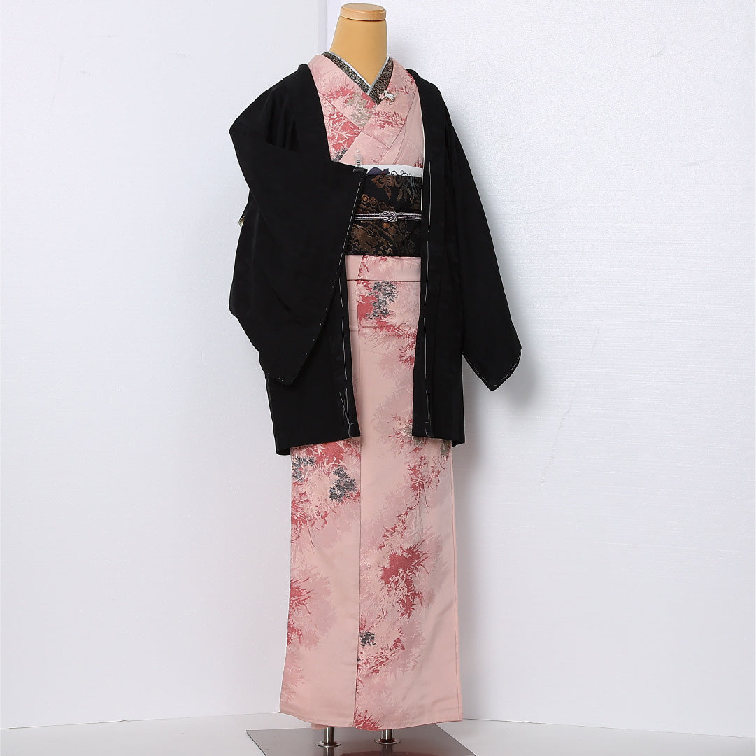 黒羽織 袷 身丈78cm 裄丈63cm 正絹 Aランク 一つ紋 (向かい蝶) セミフォーマル Sサイズ 吉祥文様 黒系 RP 1233-12925