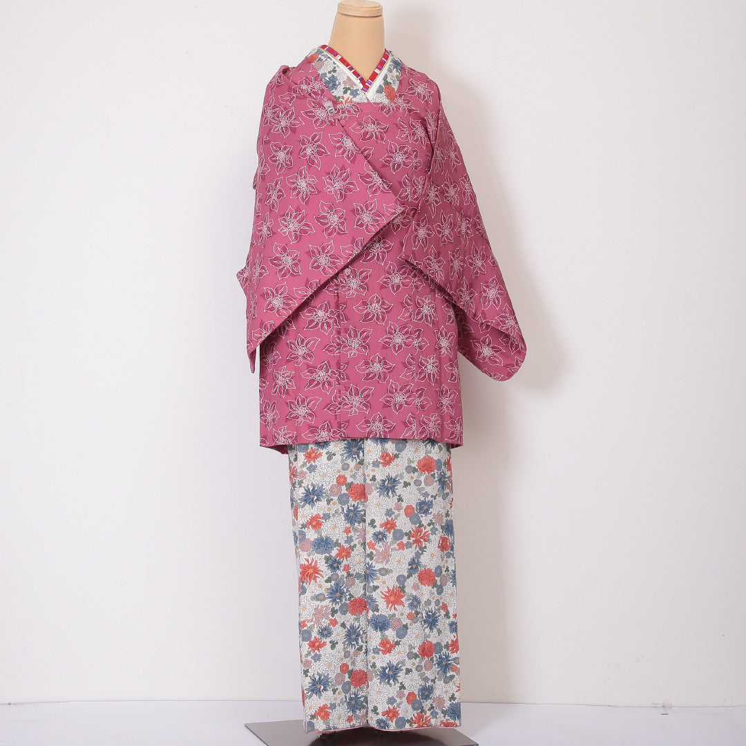 道行コート 袷 身丈88cm 裄63cm 正絹 ちりめん Bランク ボタニカル ピンク系 1217-00436