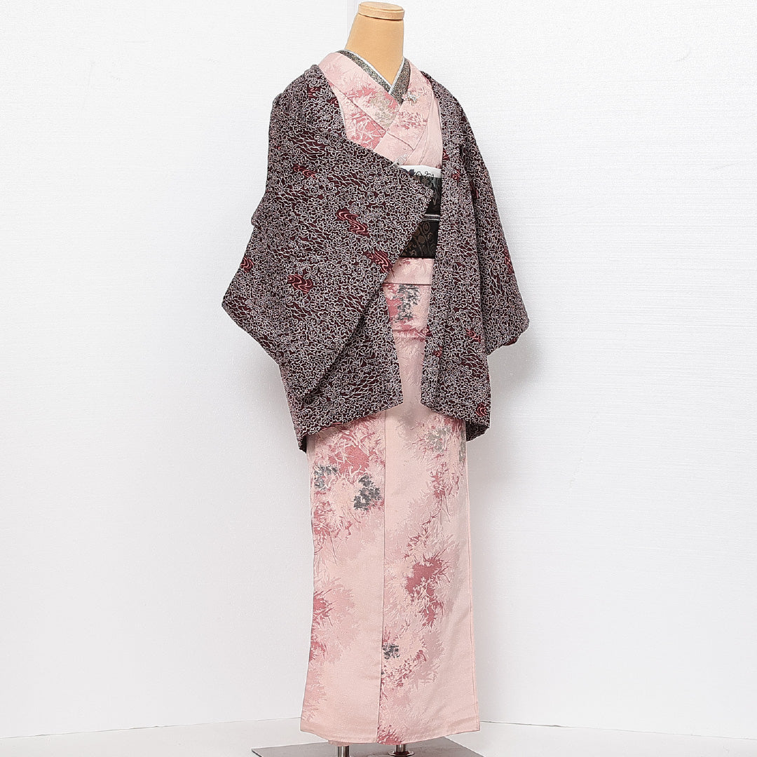 洗える着物 羽織 袷 身丈77cm 裄丈62cm ポリエステル Aランク カジュアル Sサイズ ふくれ織 しつけ糸 流水 花柄 紫系 HP 1232-13920