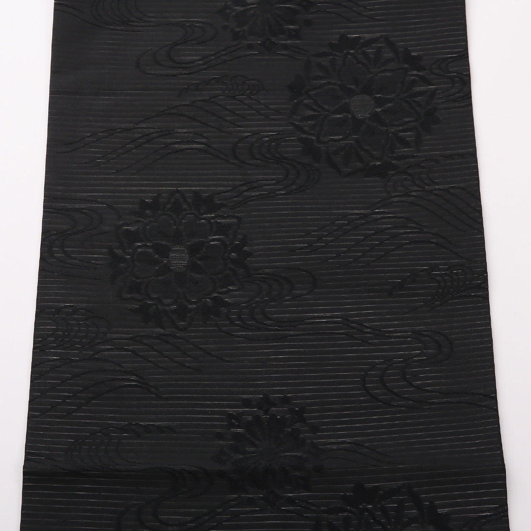 喪服帯 夏物 名古屋帯 六通 帯丈331cm 喪服帯 Sランク 正絹 絽 宝相華 流水 菊 黒系 1224-02388