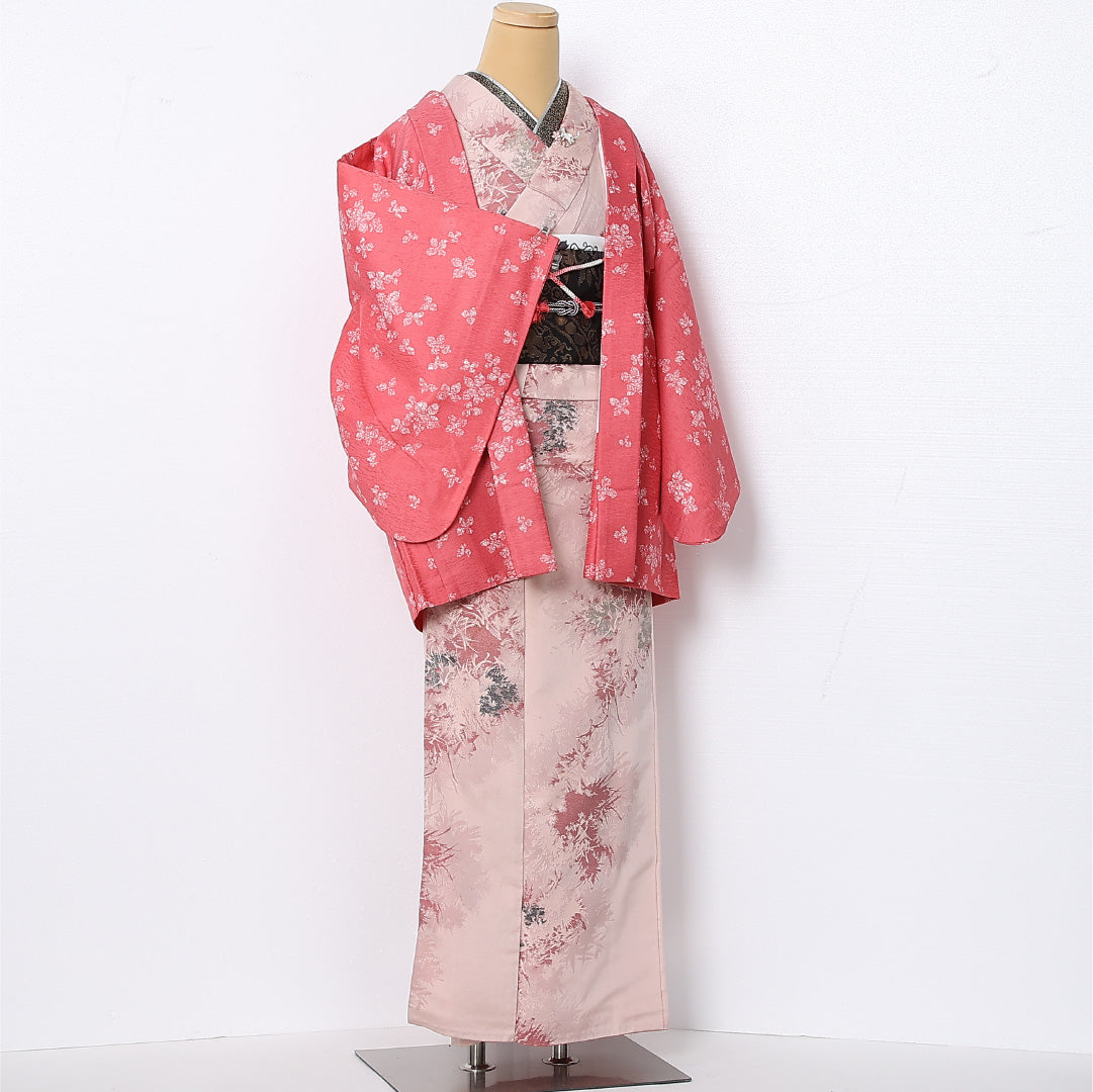 羽織 袷 身丈78cm 裄丈65cm 正絹 Sランク カジュアル Mサイズ 紐あり 花柄 ピンク系 RP 1232-12835