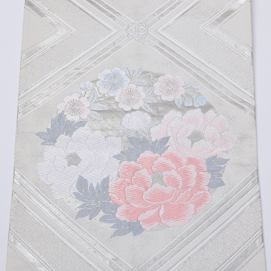 袋帯 帯丈416cm 六通 牡丹 花菱 セミフォーマル 銀系 正絹 Aランク 1223-00912