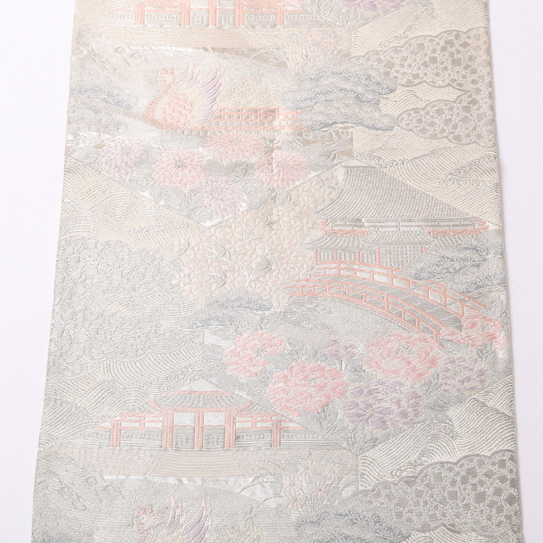 未使用品 袋帯 帯丈428cm 正絹 六通 セミフォーマル 平等院鳳凰堂 銀系 1243-01519