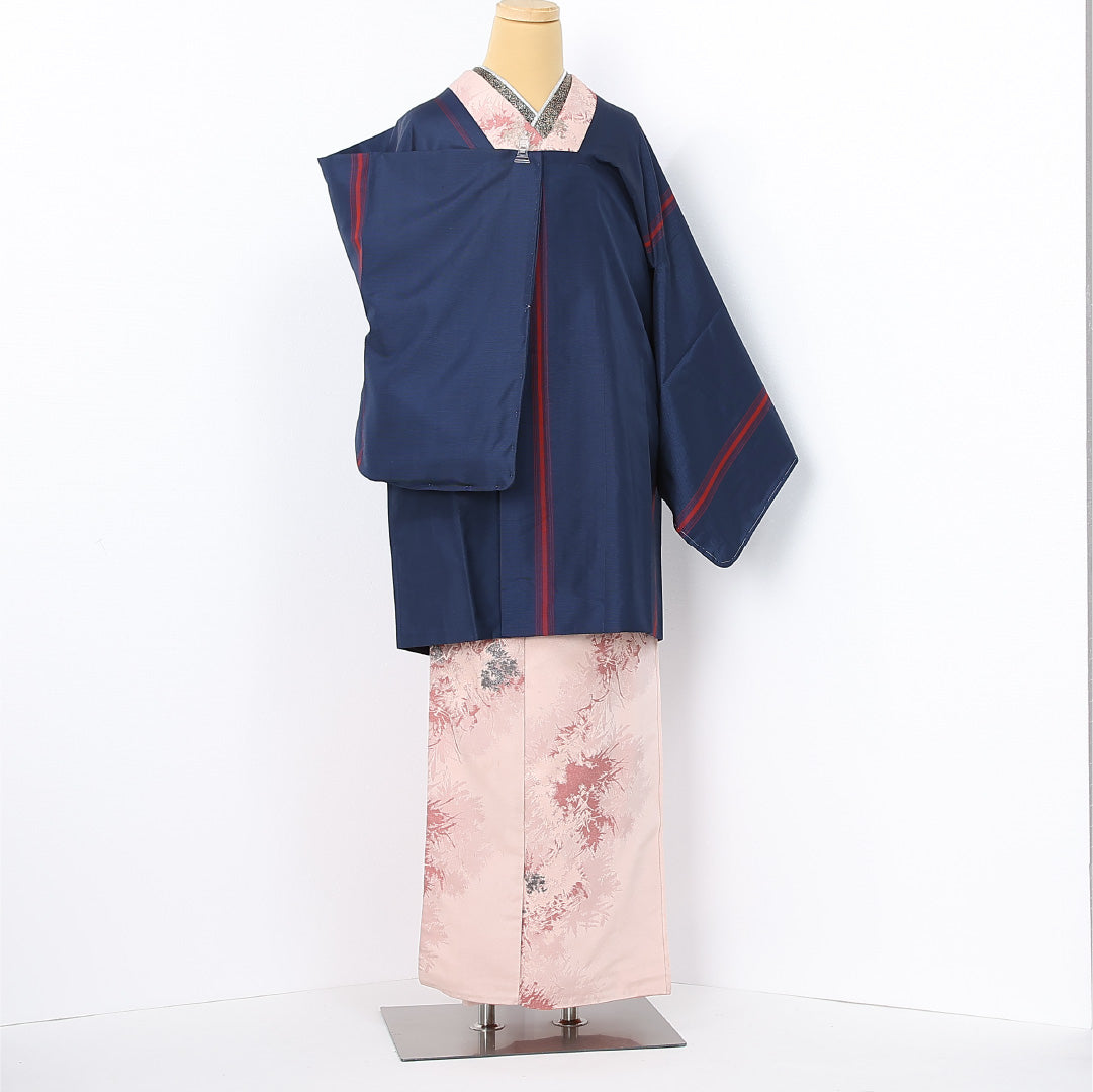 道行コート (本場大島紬) 袷 身丈87cm 裄丈66cm 正絹 Sランク セミフォーマル Mサイズ 泥染 ポケットあり 証紙 縞 紺系 PO 1237-12585