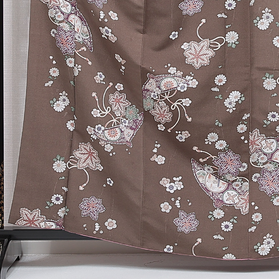 小紋 袷 身丈161cm 裄丈65cm 正絹 Cランク インフォーマル 広衿 Lサイズ 梅 紅葉 茶系 LP 1221-15602