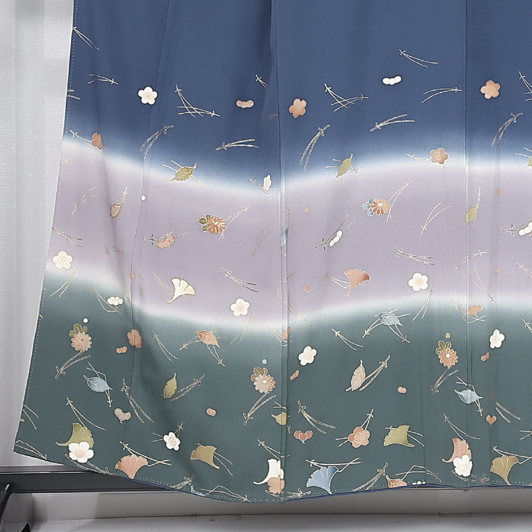 付下げ 身丈156cm 裄丈63cm Bランク M 正絹 袷 広衿 クラシカル 金駒刺繍 ぼかし 菊 桜 梅鉢 インフォーマル 青系 1261-11950