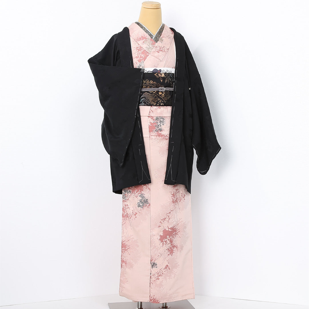 黒羽織 袷 身丈82cm 裄丈66cm 正絹 Sランク 一つ紋 (桔梗) セミフォーマル Mサイズ 植物柄 黒系 RP 1233-12565