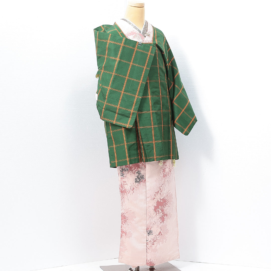 道行コート 袷 身丈85cm 裄丈62cm 正絹 Sランク インフォーマル Sサイズ 格子 緑系 RP 1237-14666