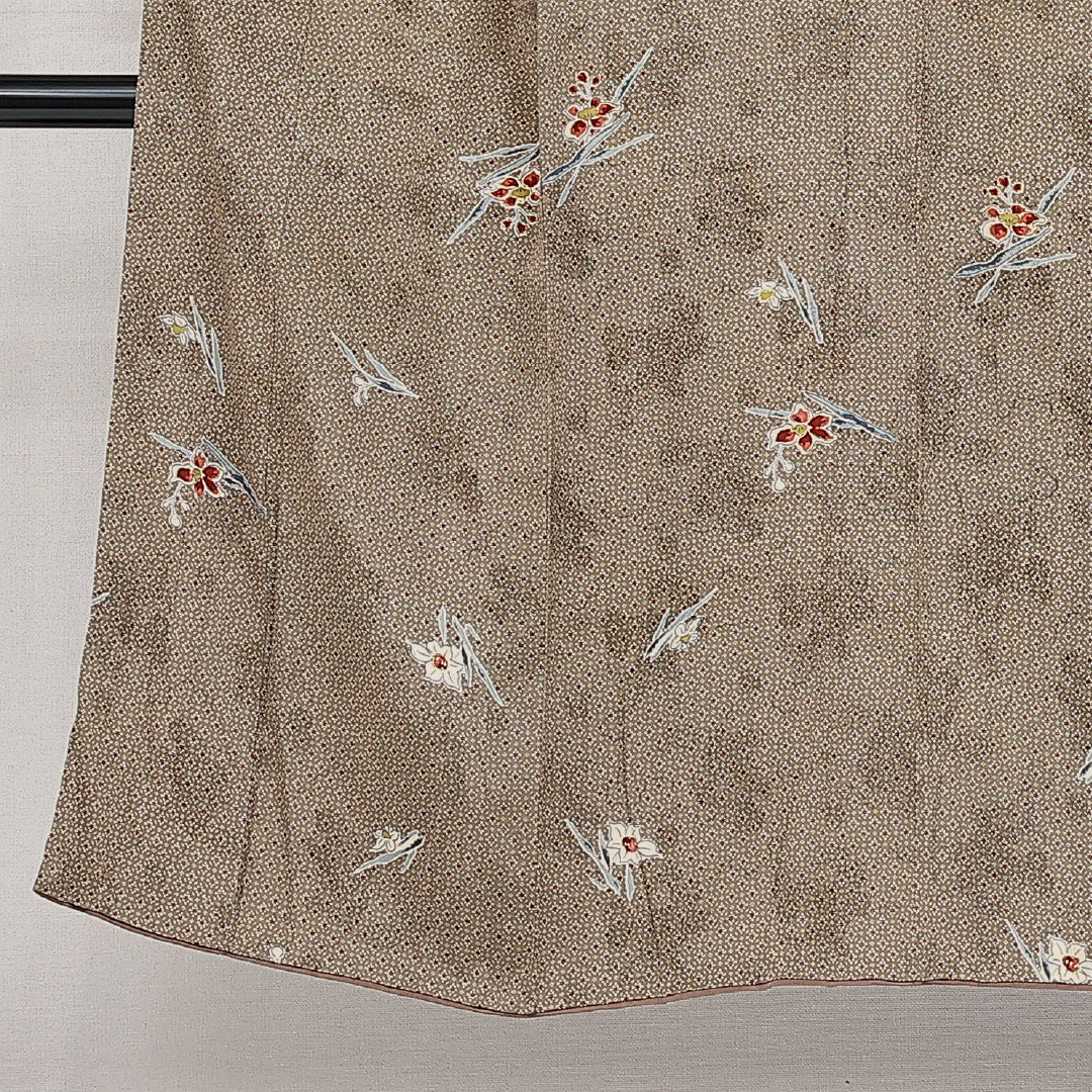 アンティーク 小紋 (錦紗) 袷 身丈144cm 裄丈61cm 正絹 Aランク 紋意匠 (花柄) バチ衿 XSサイズ 金彩 花柄 茶系 RP 1221-14615