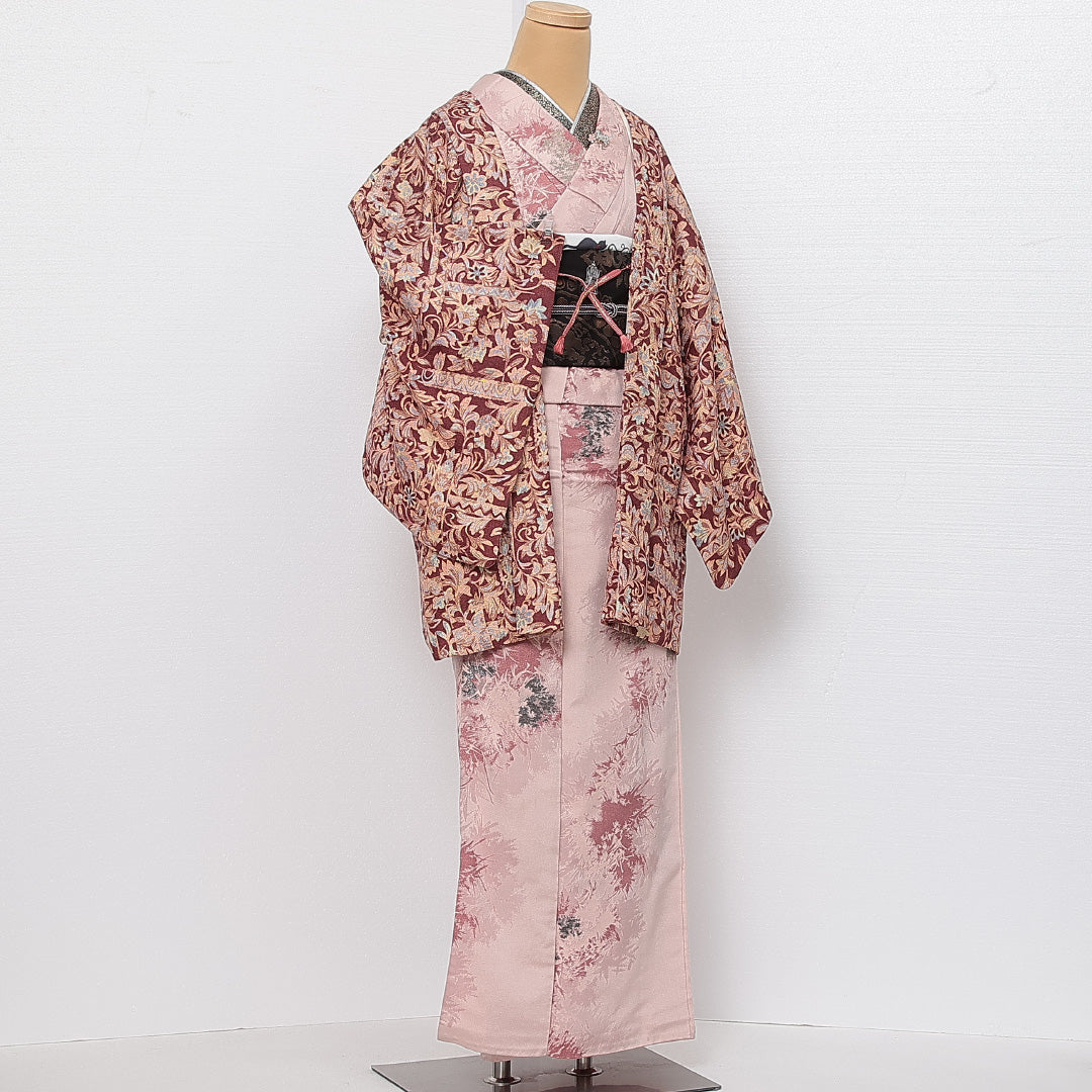 羽織 袷 身丈76cm 裄丈65cm 正絹 Sランク カジュアル Mサイズ 紐あり 植物柄 ピンク系 RP 1232-13855