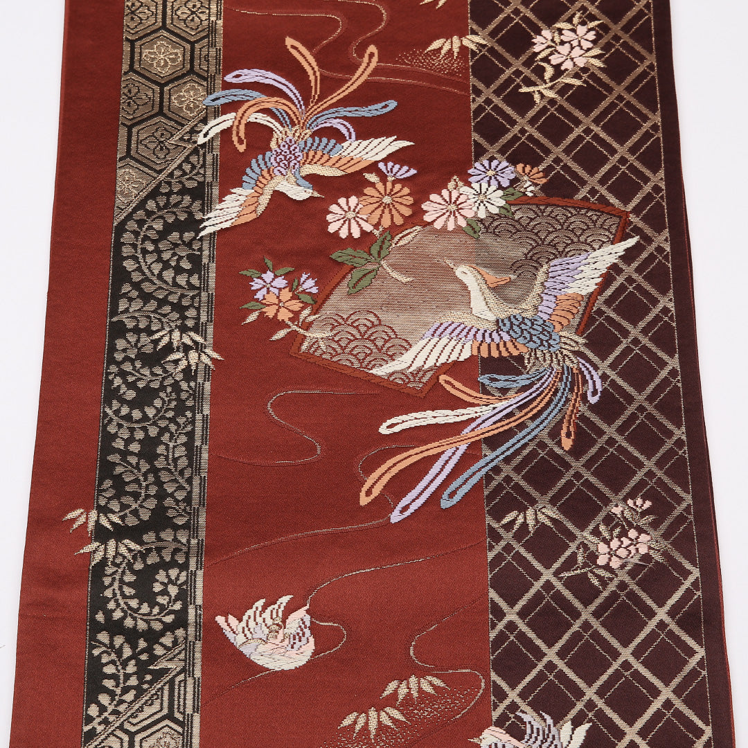 袋帯 帯丈426cm 正絹 六通 フォーマル 尾長鳥 花扇 赤系 1243-01044