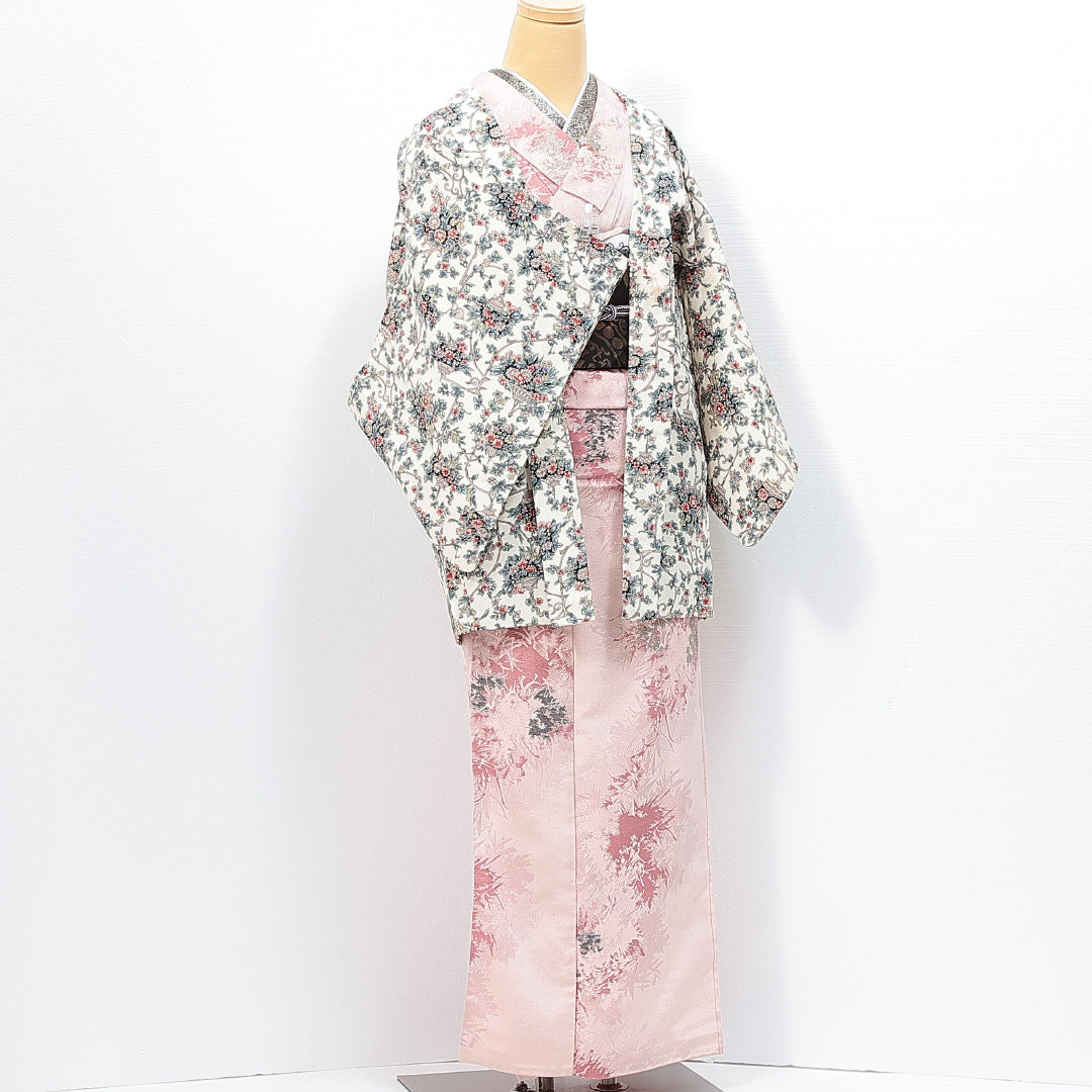 羽織 袷 身丈77cm 裄丈62cm 正絹 Cランク Sサイズ カジュアル 紐あり 花柄 白系 1217-14806