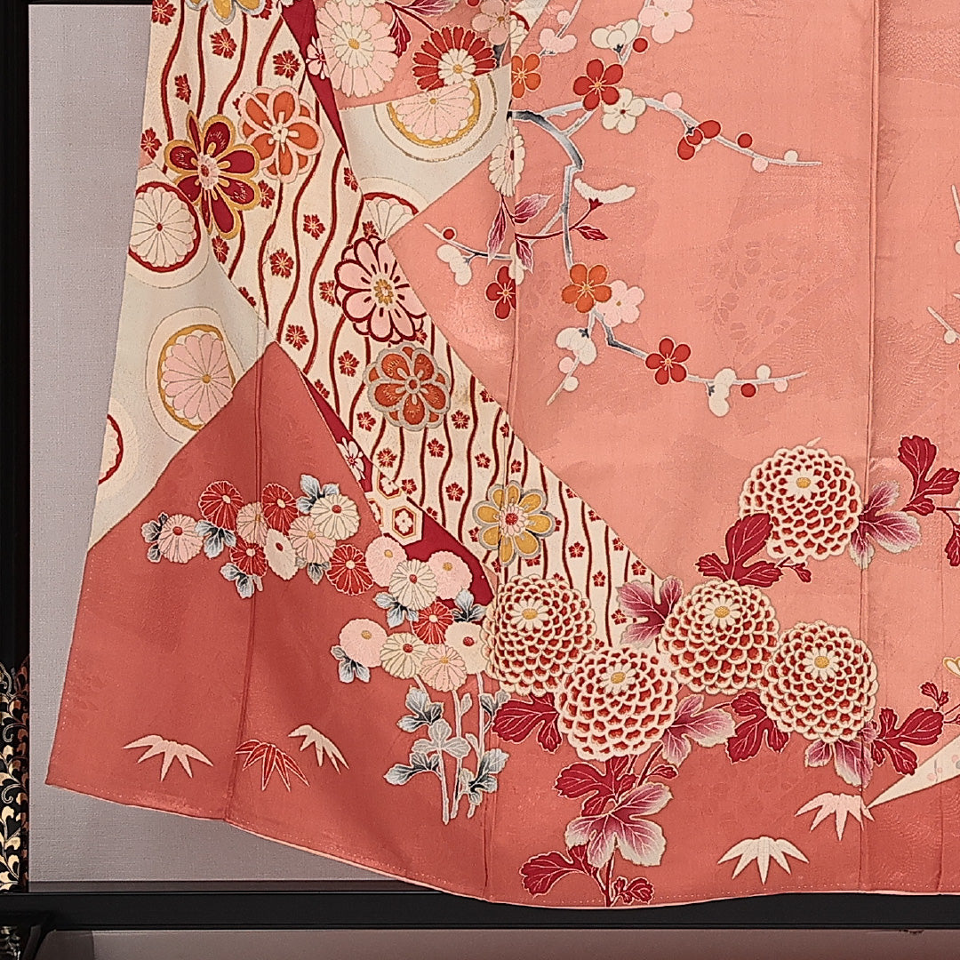 アンティーク 訪問着 (錦紗) 袷 身丈152cm 裄丈62cm 正絹 Aランク バチ衿 Sサイズ 吉祥文様 ピンク系 M4 1217-14233