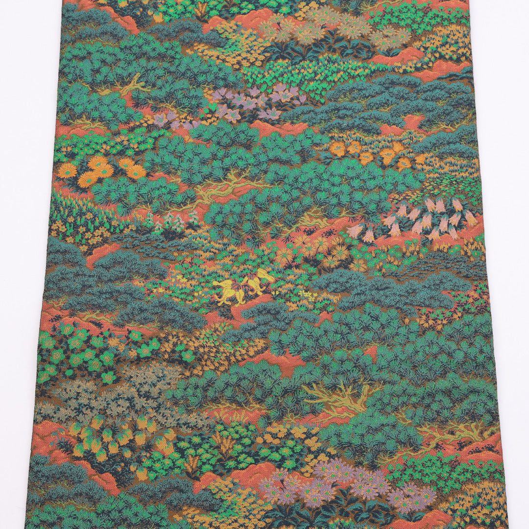 袋帯 帯丈432cm 全通 紹巴織 萬葉織苑 山喜織物 風景 カジュアル 緑系 正絹 Sランク 1223-00890