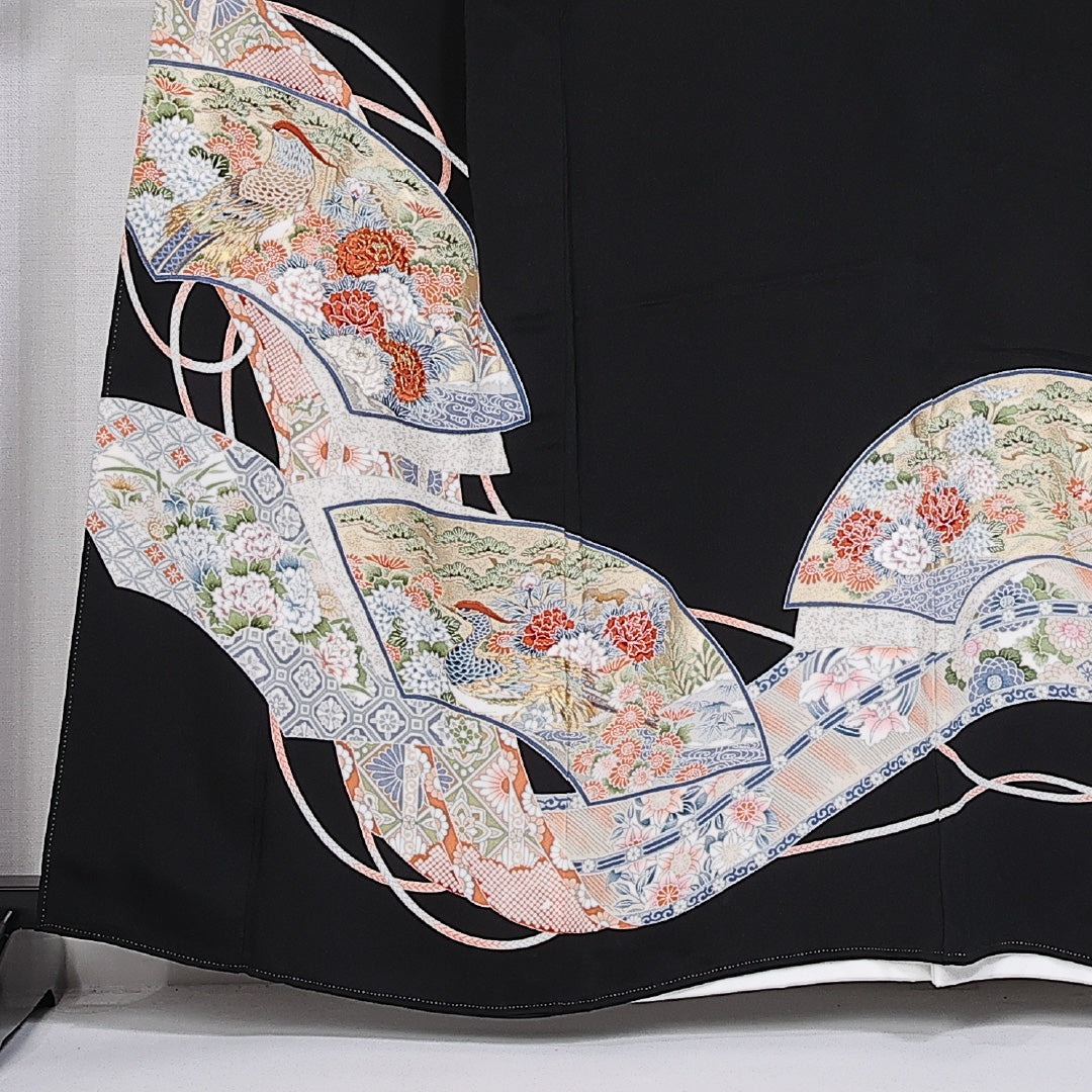 黒留袖 五つ紋 下り藤 身丈160cm 裄丈62cm Sランク 正絹 袷 比翼 広衿 L 刺繍 金駒刺繍 雉 扇 牡丹 フォーマル 黒系 1211-F0331