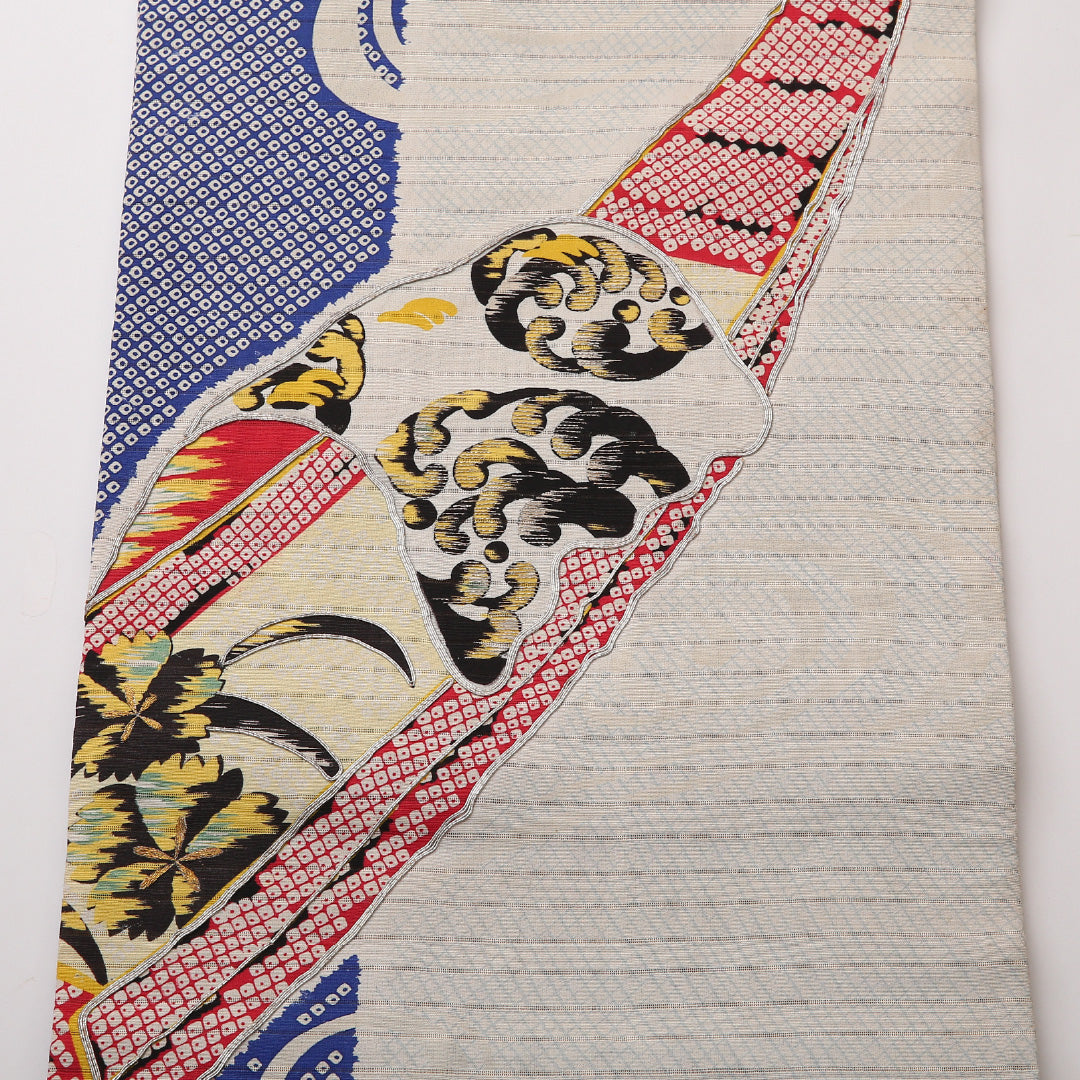 アンティーク 名古屋帯 全通 帯丈317cm Aランク 正絹 銀駒刺繍 波頭 吉祥文様 クリーム系 1224-02325