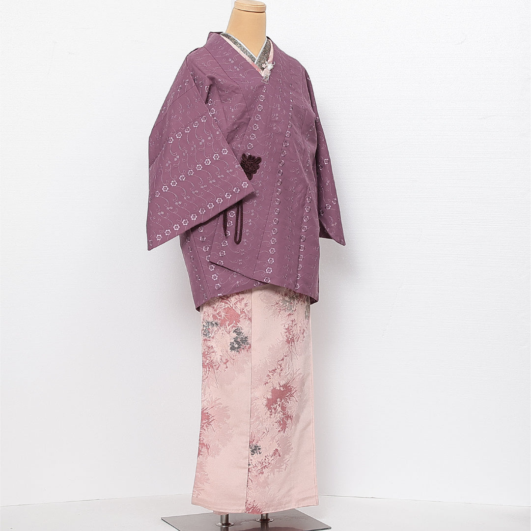 洗える着物 道中着 袷 身丈77cm 裄丈65cm ポリエステル Sランク カジュアル Mサイズ 刺繍 花柄 紫系 RP 1236-13714