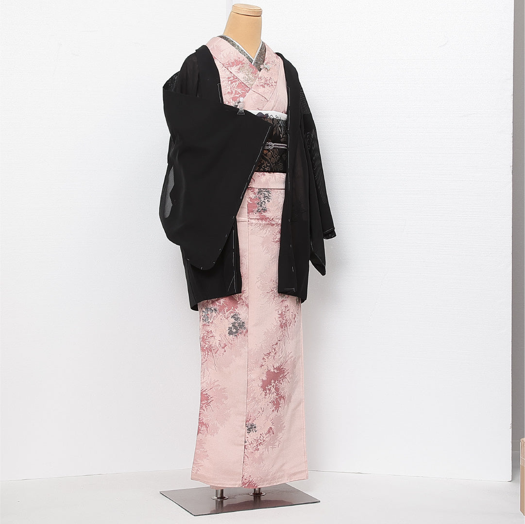 未使用品 夏物 黒羽織 絽 身丈80cm 裄丈65cm 正絹 Nランク インフォーマル Mサイズ もじり織 しつけ糸 芝草 笹 黒系 M4 1233-13687