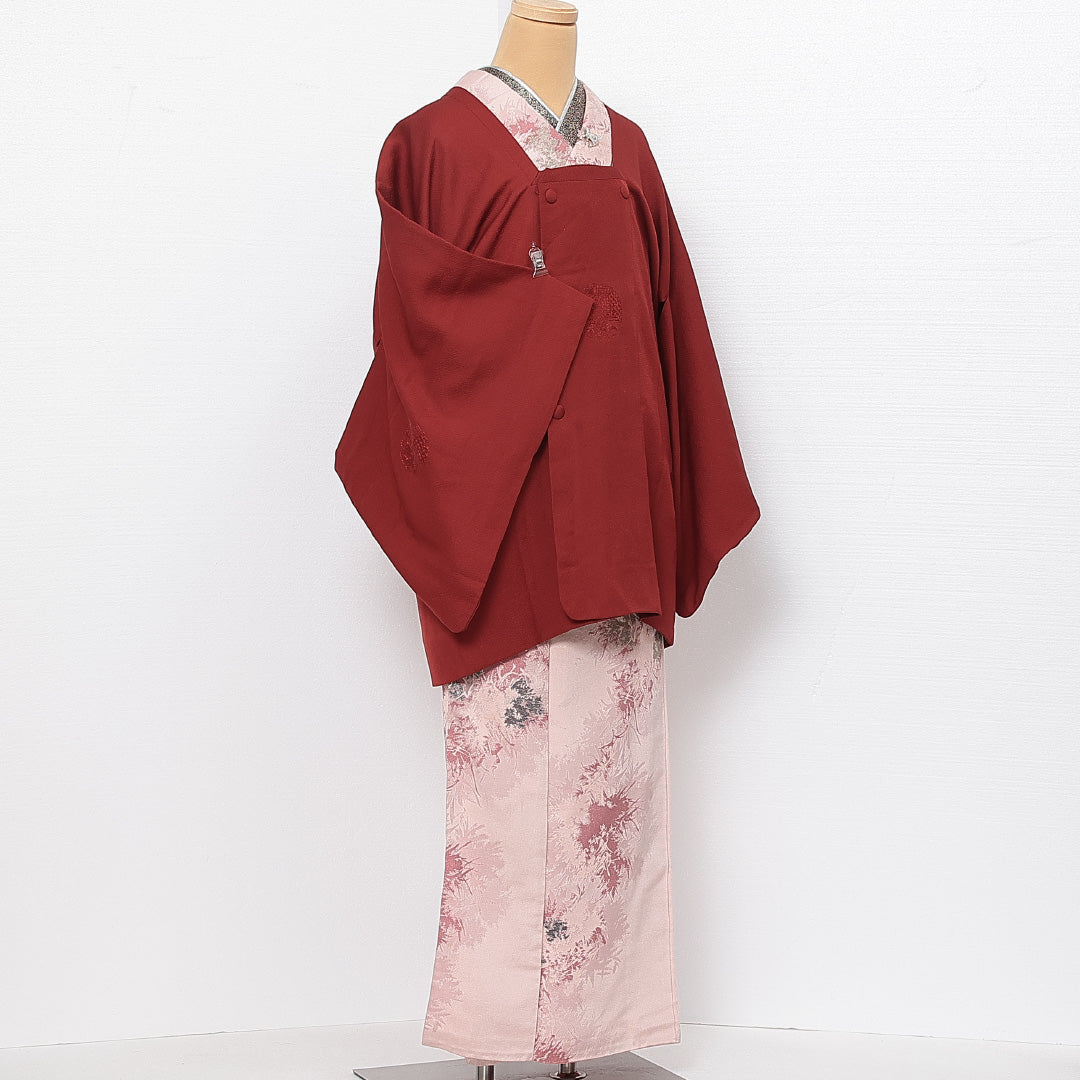 道行コート 袷 身丈78cm 裄丈66cm 正絹 Sランク セミフォーマル Mサイズ リバーシブル 刺繍 ポケットあり 雪輪 赤系 RP 1237-13722