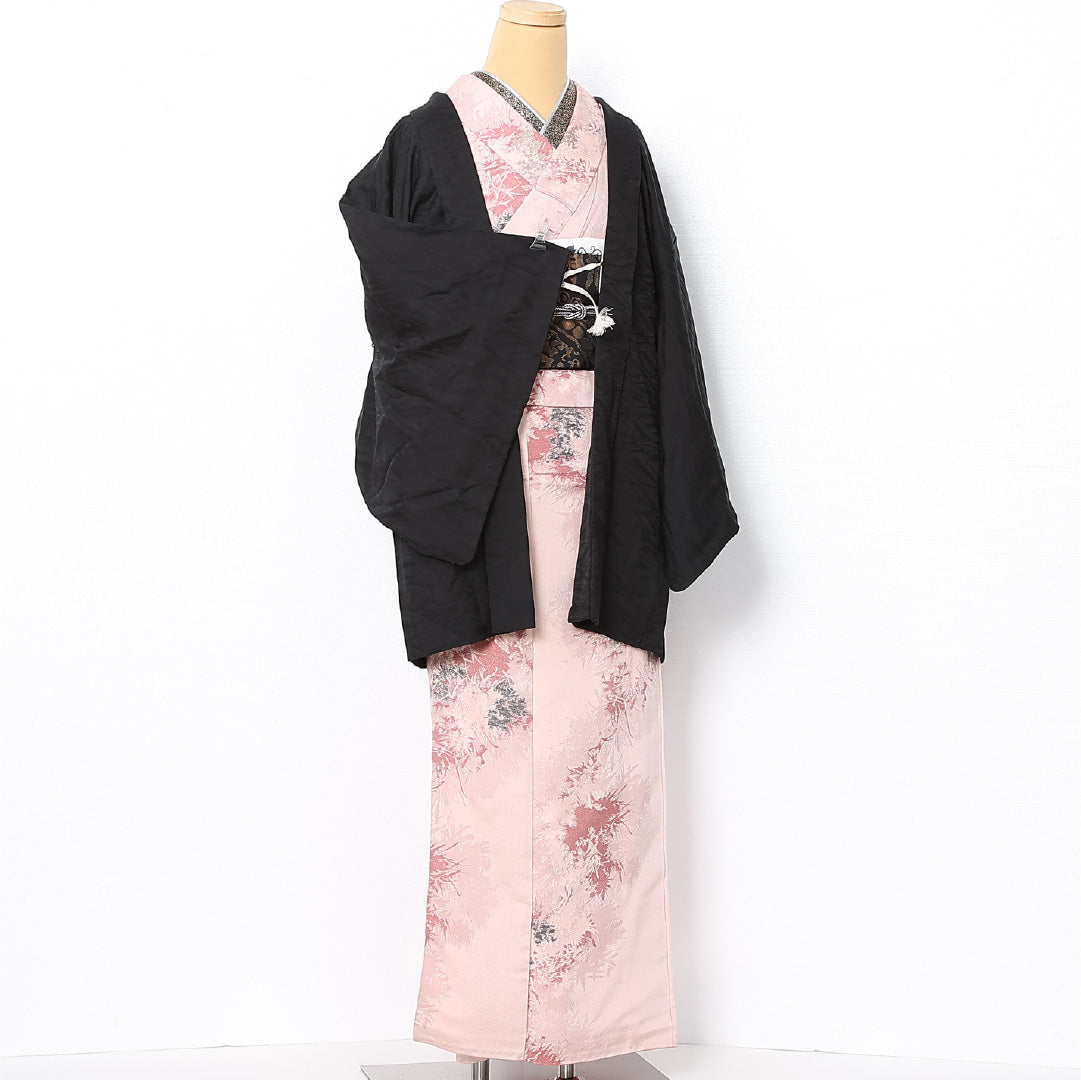 黒羽織 袷 身丈79cm 裄丈66cm 正絹 Sランク 一つ紋 (下がり藤) セミフォーマル Mサイズ 紐あり 波 黒系 RP 1233-12740