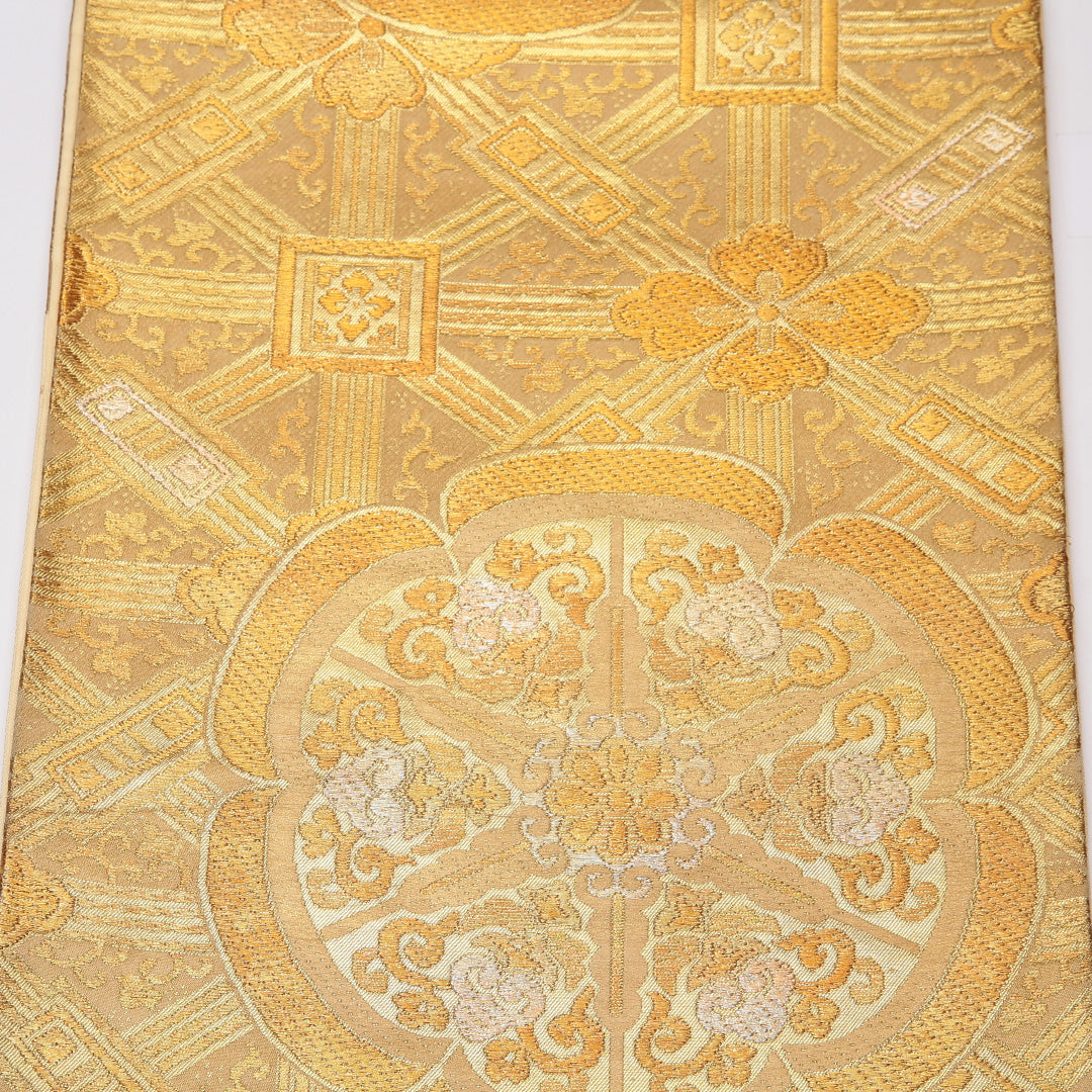 袋帯 帯丈434cm 正絹 六通 フォーマル 宝相華 花菱 落款 金系 1243-01268