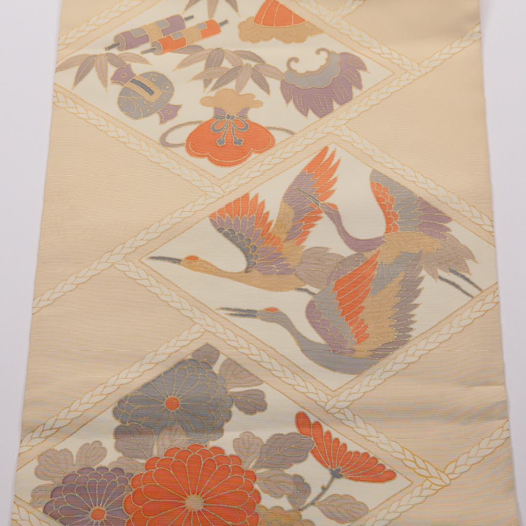 名古屋帯 ポイント柄 帯丈373cm カジュアル Sランク 正絹 笹 鶴 鼓 菱 菊 ベージュ系 1224-01762