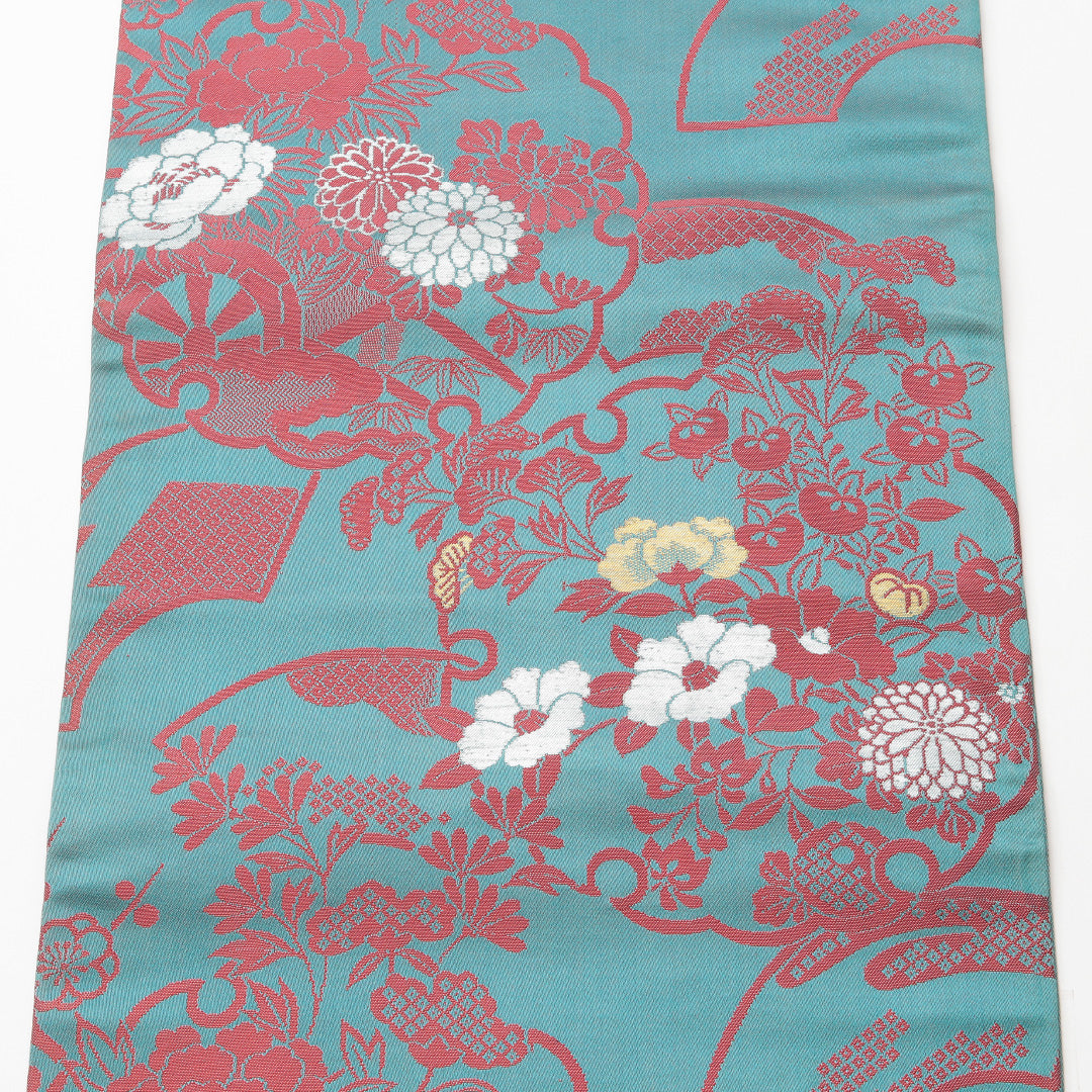 アンティーク 名古屋帯 六通 帯丈330cm Aランク 正絹 吉祥文様 四季草花 雪輪 緑系 1224-02132