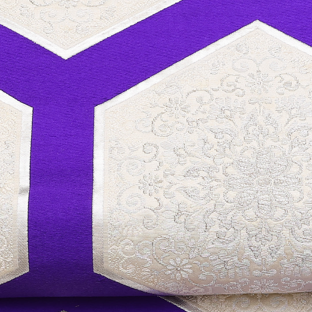 モダン 袋帯 帯丈420cm 六通 宝相華 亀甲 銀系 フォーマル 白系 正絹 Cランク 1223-00871