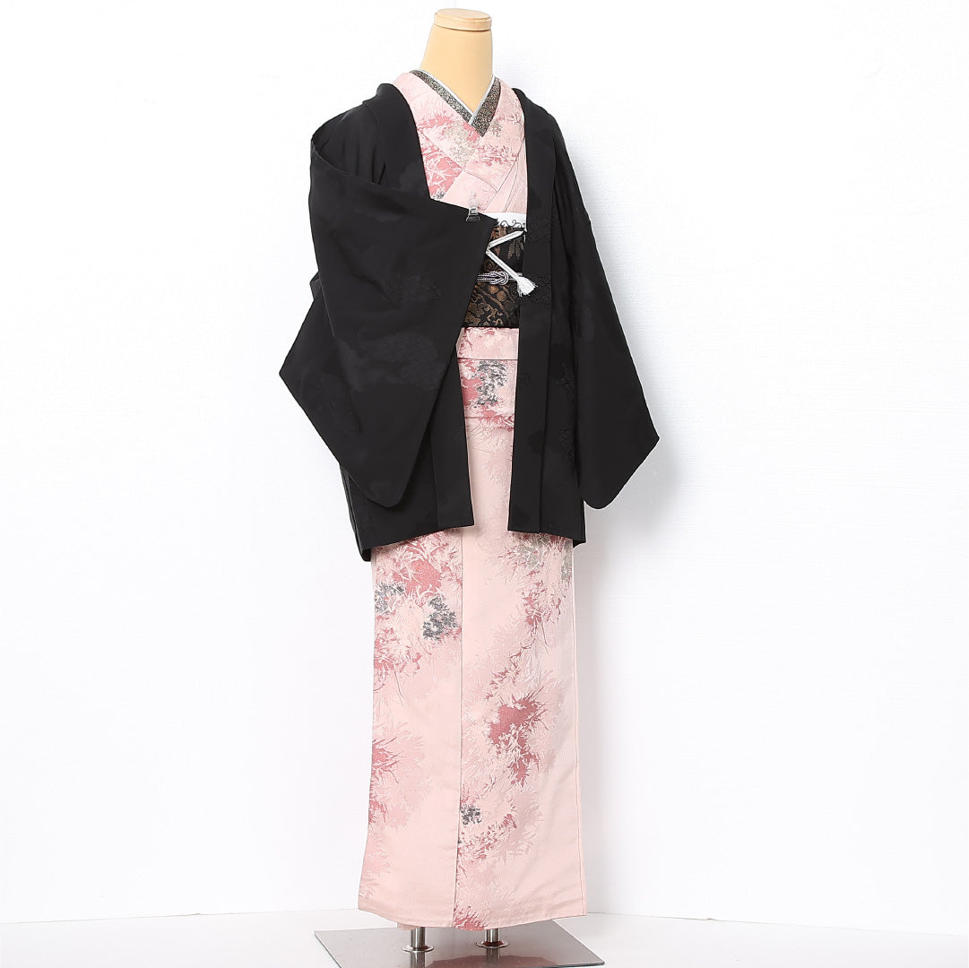 黒羽織 袷 身丈76cm 裄丈65cm 正絹 Sランク 一つ紋 (五三桐) セミフォーマル Mサイズ 紐あり 雲 亀甲 黒系 RP 1233-12753
