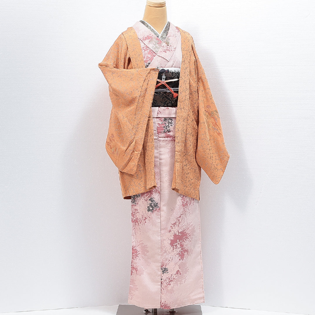 羽織（お召） 袷 身丈82cm 裄丈64cm 正絹 Aランク Mサイズ カジュアル 紐あり 山 松 漆糸 朱系 1217-14851