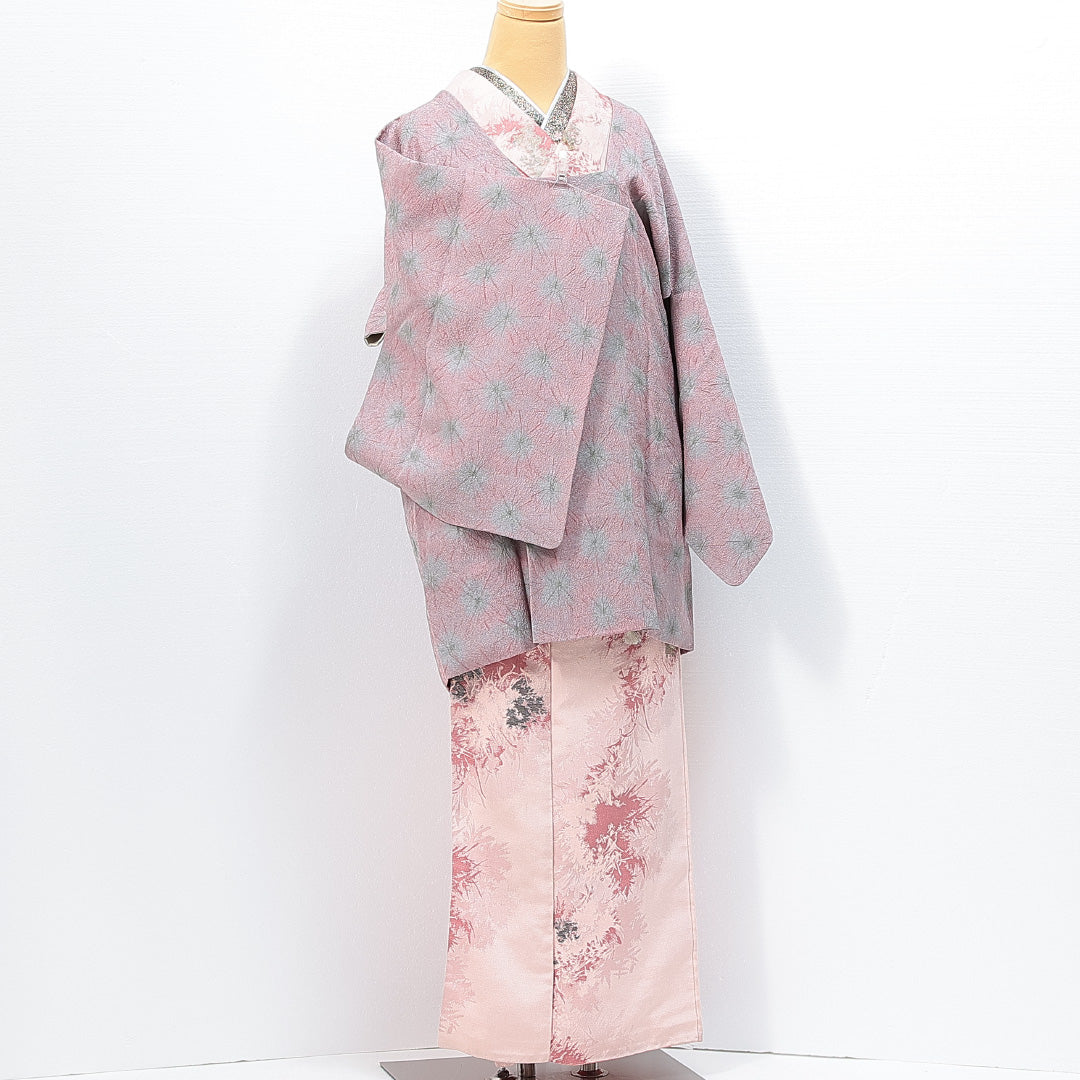 道行コート 袷 身丈79cm 裄丈63cm 正絹 Sランク Sサイズ セミフォーマル ポケットあり ふくれ織 抽象柄 ピンク系 紫系 1263-14766