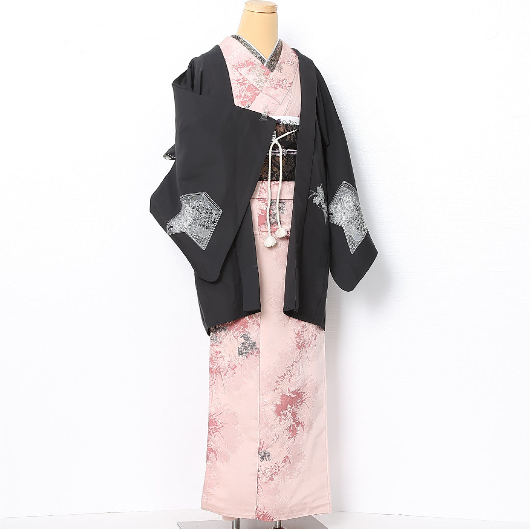 黒羽織 袷 身丈81cm 裄丈65cm 正絹 Bランク インフォーマル Mサイズ 紐あり 菊 吉祥文様 黒系 RP 1233-12737