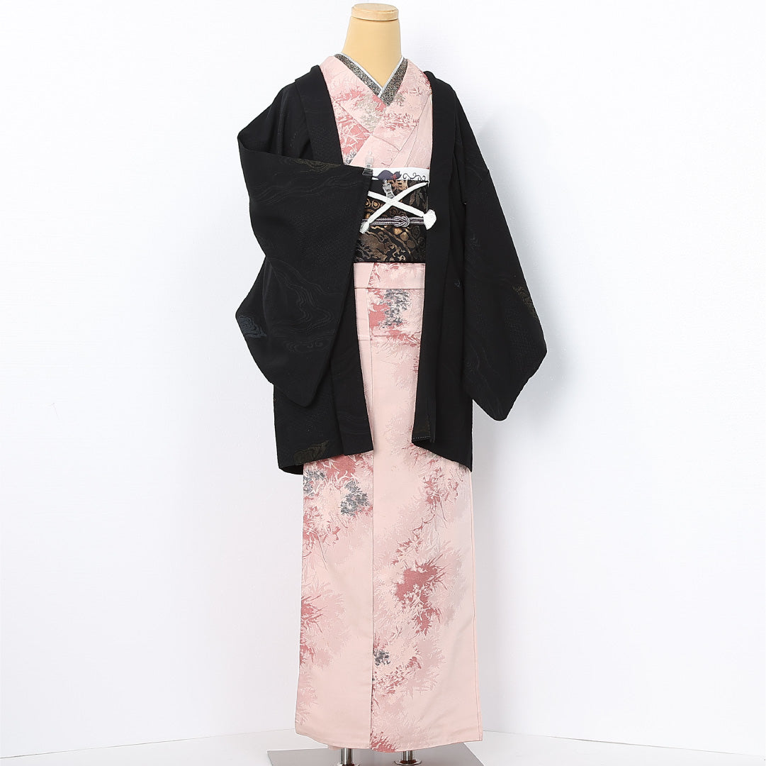 黒羽織 袷 身丈81cm 裄丈64cm 正絹 Sランク 一つ紋 (桔梗) セミフォーマル Mサイズ 漆糸 紐あり 流水 黒系 RP 1233-12559