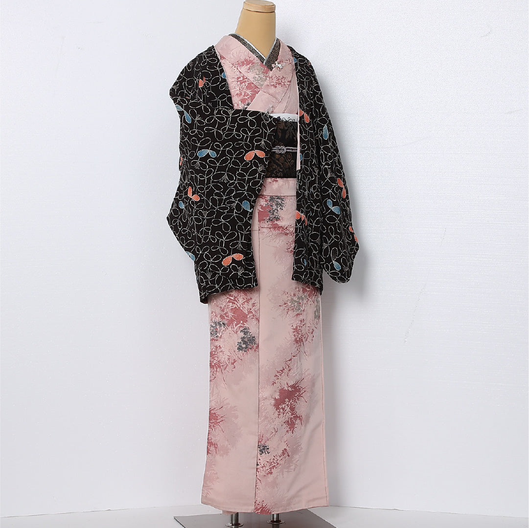 黒羽織 袷 身丈74cm 裄丈63cm 正絹 Aランク インフォーマル Sサイズ 植物柄 黒系 RP 1233-12806