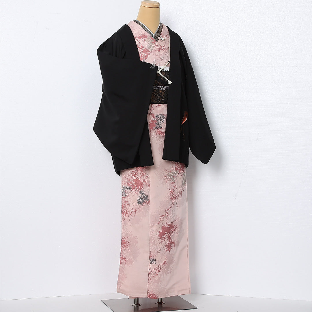 黒羽織 袷 身丈75cm 裄丈64cm 正絹 Cランク 一つ紋 (花菱) セミフォーマル Mサイズ 紐あり 扇 牡丹 黒系 LP 1233-12833