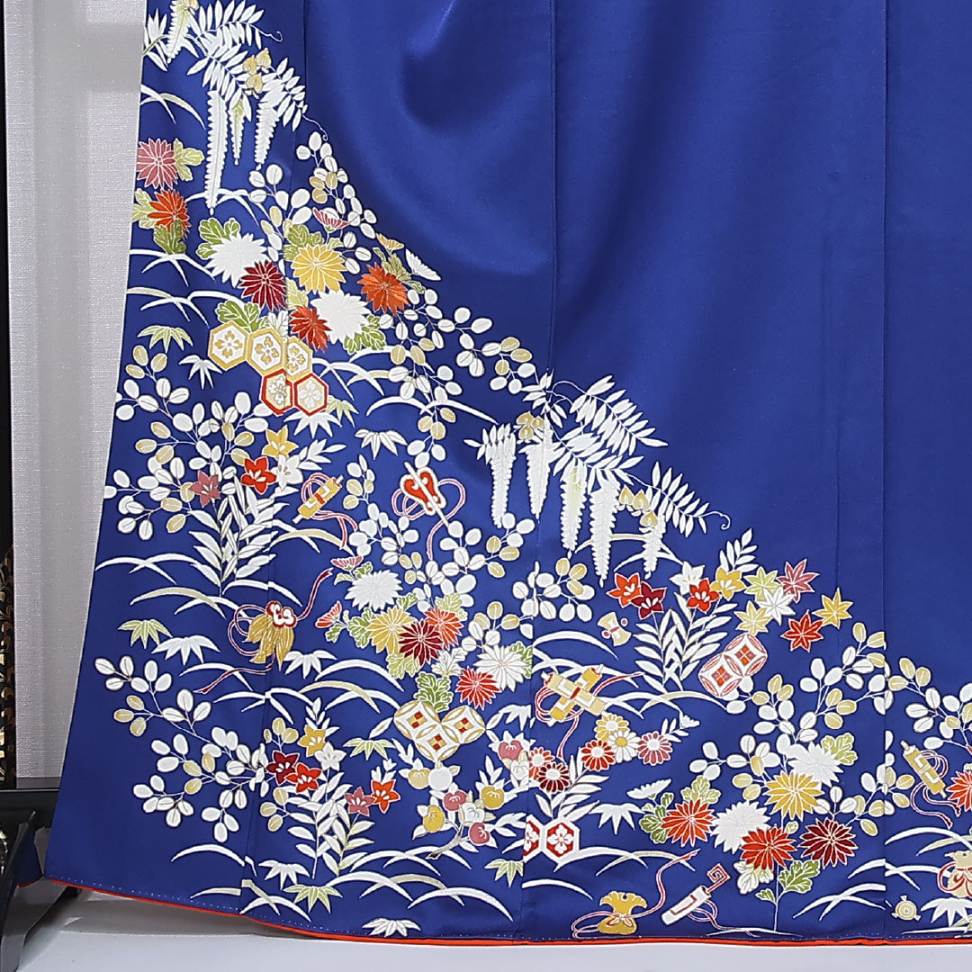 小振袖 身丈168cm 裄丈65cm Aランク 袷 正絹 M 広衿 吉祥文様 古典柄 菊 藤 桔梗 花柄 萩 青系 1213-F0444